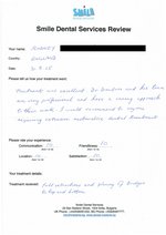 Handwritten patient testimonial from Rodney F. (England) - Full Mouth Restoration (Smile Makeover) with bridges and implants (1st visit), 31 Jul 2015