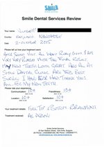 Handwritten patient testimonial from Wilfred M. (England) - Full Mouth Restoration (Smile Makeover) with bridges and implants (2nd visit), 02 Oct 2015