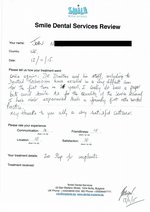 Handwritten patient testimonial from John M. (UK) - Full Mouth Restoration (Smile Makeover) with bridges and implants (2nd visit), 13 Nov 2015