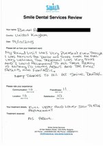 Handwritten patient testimonial from Brian A. (UK) - Full Mouth Restoration (Smile Makeover) with bridges and implants (2nd visit), 09 Oct 2015