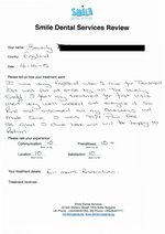 Handwritten patient testimonial from Beverly G. (England) - Full Mouth Restoration (Smile Makeover) with bridges and implants (1st visit), 16 Oct 2015