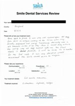 Handwritten patient testimonial from Alicia D. (England) - Full Mouth Restoration (Smile Makeover) with bridges and implants (1st visit), 06 Nov 2015