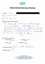 Handwritten patient testimonial from Roger S. (Belgium) - Full Mouth Restoration (Smile Makeover) with bridges and implants (1st visit), 17 Dec 2015