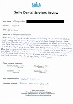 Handwritten patient testimonial from Marguerita B. (UK) - Full mouth restoration including basal implants,  crowns & bridges, 27 Feb 2014