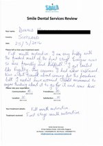 Handwritten patient testimonial from Donald M. - Full Mouth Restoration (Smile Makeover) with bridges and implants (1st visit), 25 Mar 2016