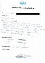 Handwritten patient testimonial from Paula R. (UK) - Full Mouth Restoration (Smile Makeover) with bridges and implants (1st visit), 01 Apr 2016
