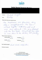 Handwritten patient testimonial from Melanie G. (UK) - Full Mouth Restoration (Smile Makeover) with bridges and implants (1st visit), 08 Apr 2016