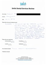 Handwritten patient testimonial from Marion D. (England) - Full Mouth Restoration (Smile Makeover) with bridges and implants (1st visit), 22 Apr 2016