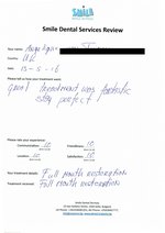 Handwritten patient testimonial from Anqelique T. (UK) - Full Mouth Restoration (Smile Makeover) with bridges and implants (1st visit), 13 May 2016