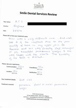 Handwritten patient testimonial from Alicia D. (England) - Full Mouth Restoration (Smile Makeover) with bridges and implants (2st visit), 20 May 2016