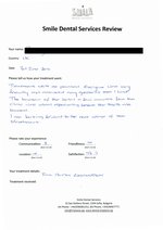 Handwritten patient testimonial from Beverly. H. (UK) - Full Mouth Restoration (Smile Makeover) with bridges and implants (1st visit), 03 Jun 2016