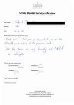 Handwritten patient testimonial from Robert D. (UK) - Full Mouth Restoration (Smile Makeover) with bridges and implants (2st visit), 10 Jun 2016