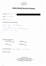 Handwritten patient testimonial from Elaine J. (England) - Full Mouth Restoration (Smile Makeover) with bridges and implants (1st visit), 10 Jun 2016