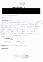Handwritten patient testimonial from Sue M. (UK) - Full Mouth Restoration (Smile Makeover) with bridges and implants (2st visit), 01 Jul 2016