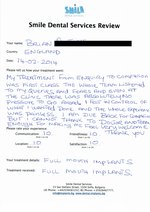 Handwritten patient testimonial from Brian. A. (UK) - Full mouth restoration including basal implants,  crowns & bridges, 14 Feb 2014