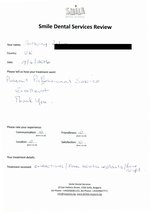 Handwritten patient testimonial from Anthony Z. (UK) - Full Mouth Restoration (Smile Makeover) with bridges and implants (1st visit), 17 Jun 2016