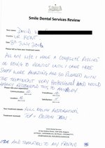 Handwritten patient testimonial from David. W. (UK) - Full Mouth Restoration (Smile Makeover) with bridges and implants (1st visit), 08 Jul 2016