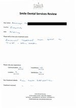 Handwritten patient testimonial from Amanda H. (England) - Full Mouth Restoration (Smile Makeover) with bridges and implants (1st visit), 15 Jul 2016