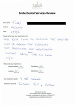 Handwritten patient testimonial from Terry S. (England) - Full Mouth Restoration (Smile Makeover) with bridges and implants (1st visit), 27 Jul 2016