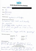 Handwritten patient testimonial from Uwe S. (Germany, age 52) - Full mouth restoration (Smile Make Over) - 1st visit, 24 Mar 2017