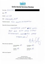 Handwritten patient testimonial from Peter D. (USA, age 59) - Full Mouth Restoration (Smile Makeover) with bridges and implants (1st visit), 24 Mar 2017