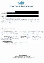 Handwritten patient testimonial from S. Hussein (UK) - Full mouth restoration including basal implants,  crowns & bridges, 28 Sep 2013