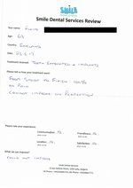 Handwritten patient testimonial from Elaine J. (England, age 63) - Full Mouth Restoration (Smile Makeover) with bridges and implants (2nd visit), 23 May 2017