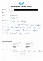 Handwritten patient testimonial from James M. (England, age 65) - Full Mouth Restoration (Smile Makeover) with bridges and implants (2nd visit), 17 May 2017