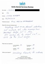Handwritten patient testimonial from Jessica R. (age: 53, UK) - Full Mouth Restoration (Smile Makeover) with bridges and implants (1st visit), 30 Jun 2017
