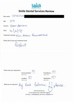Handwritten patient testimonial from Stephen H. (age: 59, UK) - Full Mouth Restoration (Smile Makeover) with bridges and implants (2nd visit), 16 Jun 2017