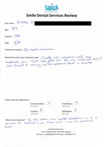 Handwritten patient testimonial from Nicholas G. (age: 39, UK) - Full Mouth Restoration (Smile Makeover) with bridges and implants (1st visit), 16 Jun 2017
