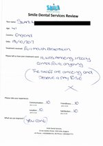 Handwritten patient testimonial from Stuart M. (age: 41, England) - Full Mouth Restoration (Smile Makeover) with bridges and implants (2nd visit), 13 Oct 2017