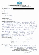 Handwritten patient testimonial from Ailish M. (age 53, UK) - Full Mouth Restoration (Smile Makeover) with bridges and implants (1st visit), 10 Nov 2018
