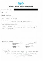 Handwritten patient testimonial from Pavel P. (age 51, Canada) - Single Jaw Restoration (Smile Makeover) with bridges and implants (2nd visit), 08 Jun 2018
