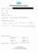 Handwritten patient testimonial from John M. (age 75) - Full Mouth Restoration (Smile Makeover) with bridges and implants (1st visit), 02 Mar 2018