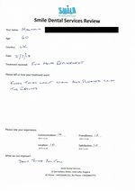 Handwritten patient testimonial from Malcolm (age 60, UK) - Full Mouth Restoration (Smile Makeover) with bridges and implants (2nd visit), 02 Mar 2018
