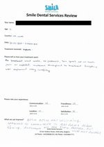 Handwritten patient testimonial from Jane S. (age 31, UK) - Full Mouth Restoration (Smile Makeover) with bridges and implants (1st visit), 02 Mar 2018