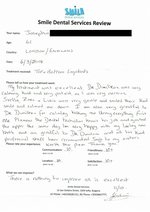 Handwritten patient testimonial from Josephine L. (age 61, UK) - Full Mouth Restoration (Smile Makeover) with bridges and implants (1st visit), 06 Mar 2018