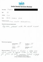 Handwritten patient testimonial from Valerie W. (age 61, UK) - Full Mouth Restoration (Smile Makeover) with bridges and implants (1st visit), 30 Mar 2018