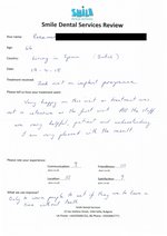 Handwritten patient testimonial from Rosemarie L. (age 66, UK/Spain) - Full Mouth Restoration (Smile Makeover) with bridges and implants (2nd visit), 19 Apr 2018