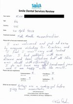 Handwritten patient testimonial from Terry L. (age 64, UK) - Full Mouth Restoration (Smile Makeover) with bridges and implants (1st visit), 30 Apr 2018