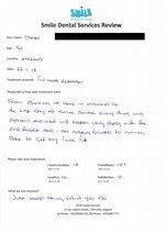 Handwritten patient testimonial from Dean (age 51,UK) - Full Mouth Restoration (Smile Makeover) with bridges and implants (1st visit), 22 Jan 2018