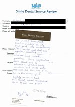 Handwritten patient testimonial from Peter N. (UK) - Full mouth restoration, 17 Dec 2013