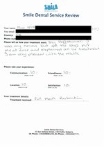 Handwritten patient testimonial from Sue M. (UK) - Full mouth restoration including implants,  crowns & bridges, 21 Jun 2013
