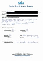 Handwritten patient testimonial from Lorraine M. (UK) - Full mouth restoration including implants, crowns & bridges, 31 May 2013