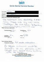 Handwritten patient testimonial from Debra T. (UK & Spain) - Full mouth restoration including implants,  crowns & bridges, 31 May 2013