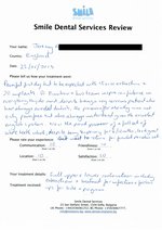 Handwritten patient testimonial from Tracey & Jeremy F. (UK) - Full Mouth Restoration (Smile Makeover) with bridges, crowns and implants, 23 May 2014