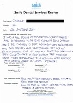 Handwritten patient testimonial from Caroline W. (UK) - Full Mouth Restoration (Smile Makeover) with bridges, crowns and implants, 02 Jun 2014