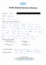 Handwritten patient testimonial from Justing K. (Ireland) - Full Mouth Restoration (Smile Makeover) with bridges, crowns and implants, 28 May 2014
