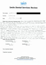 Handwritten patient testimonial from Charles D. (Scotland) - Full Mouth Restoration (Smile Makeover) with bridges, crowns and implants, 20 Jun 2014